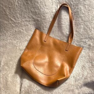 Tan Faux Leather Tote Bag with Open-Top snap Design and Shoulder Straps